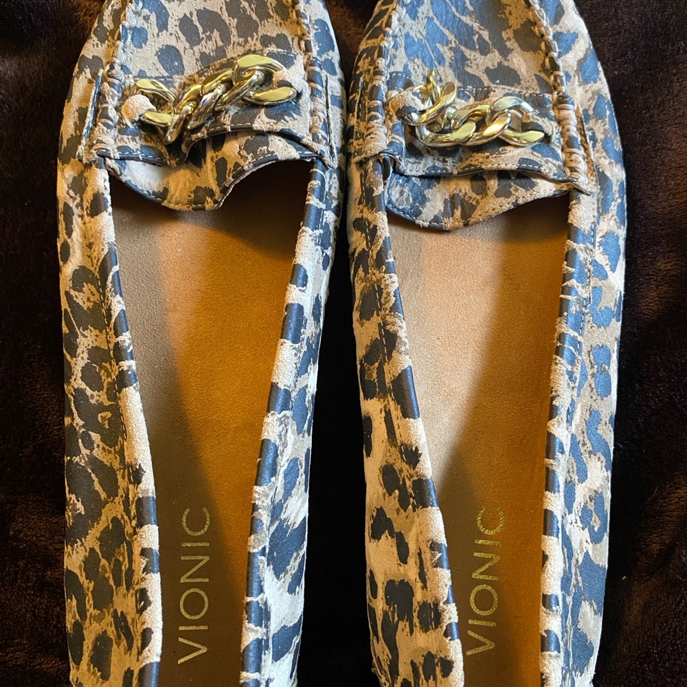 Vionic Brown and Gold Leopard Print Flats with Classic Design
